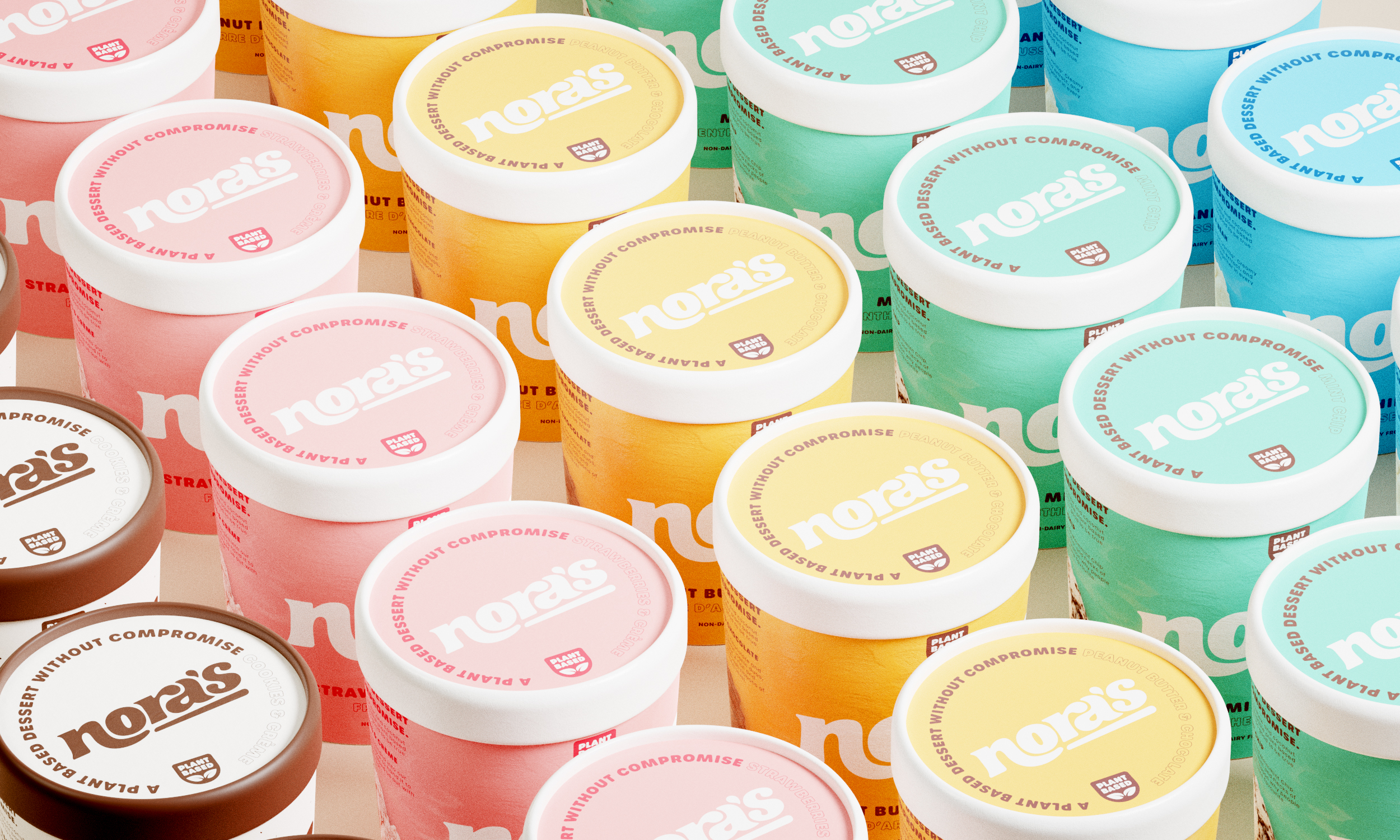 Nora's Non-Dairy branding and packaging, featuring a grid of tubs and lids.