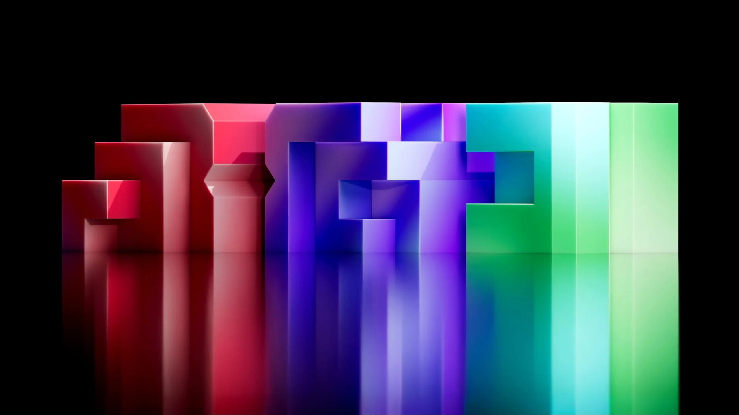 3D isometric typography spelling "RGD" in gradated ruby, amethyst, and jade tones on a black background.