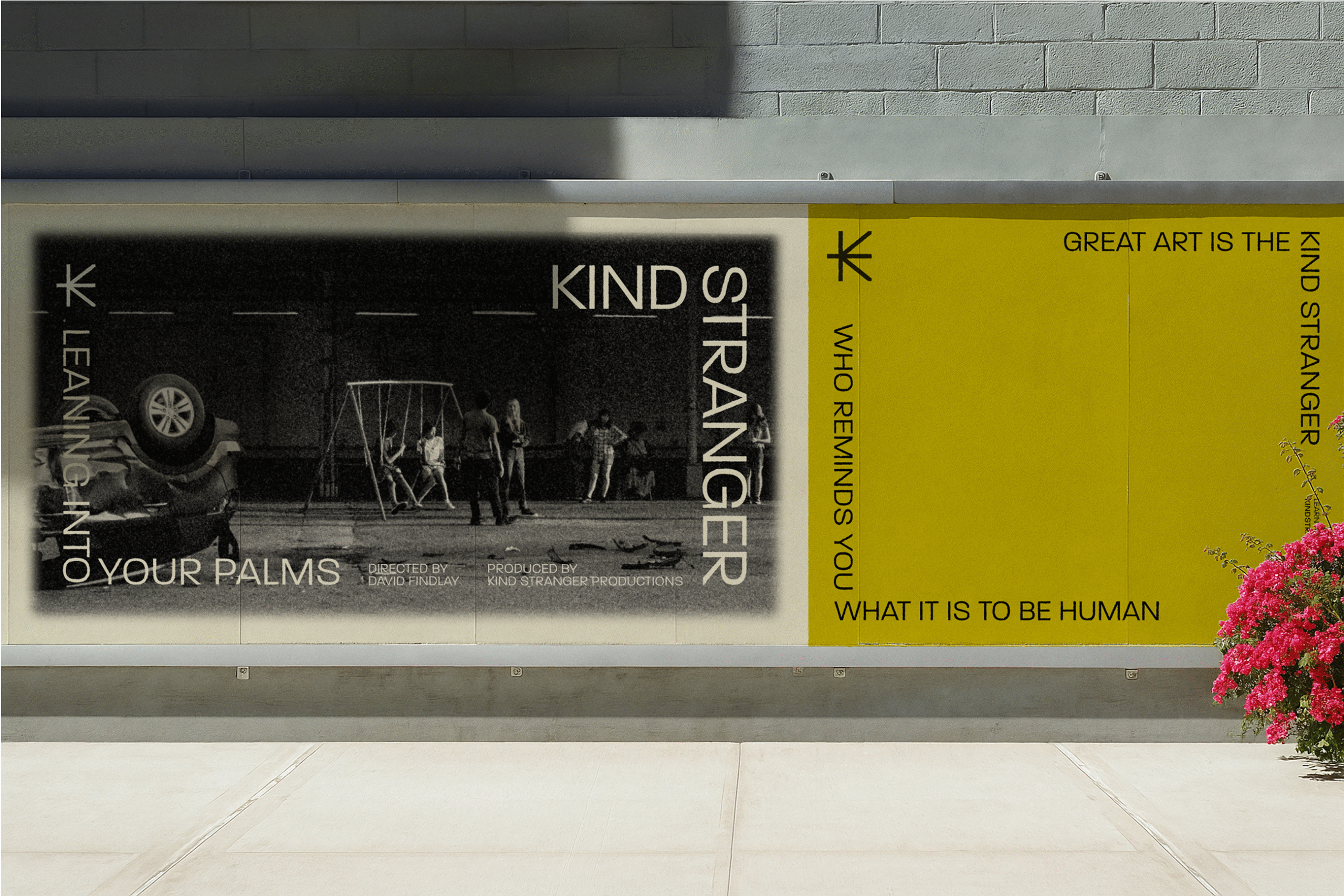 Visual identity for Kind Stranger Productions, highlighting expressive typography, cinematic colour, and human-centered branding.