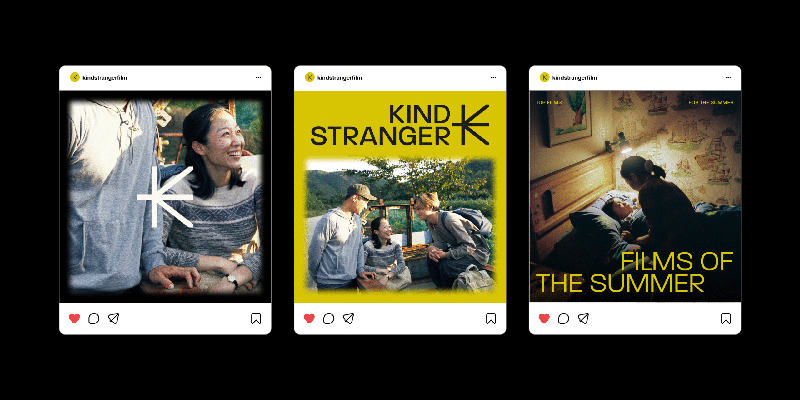 Visual identity for Kind Stranger Productions, highlighting expressive typography, cinematic colour, and human-centered branding.