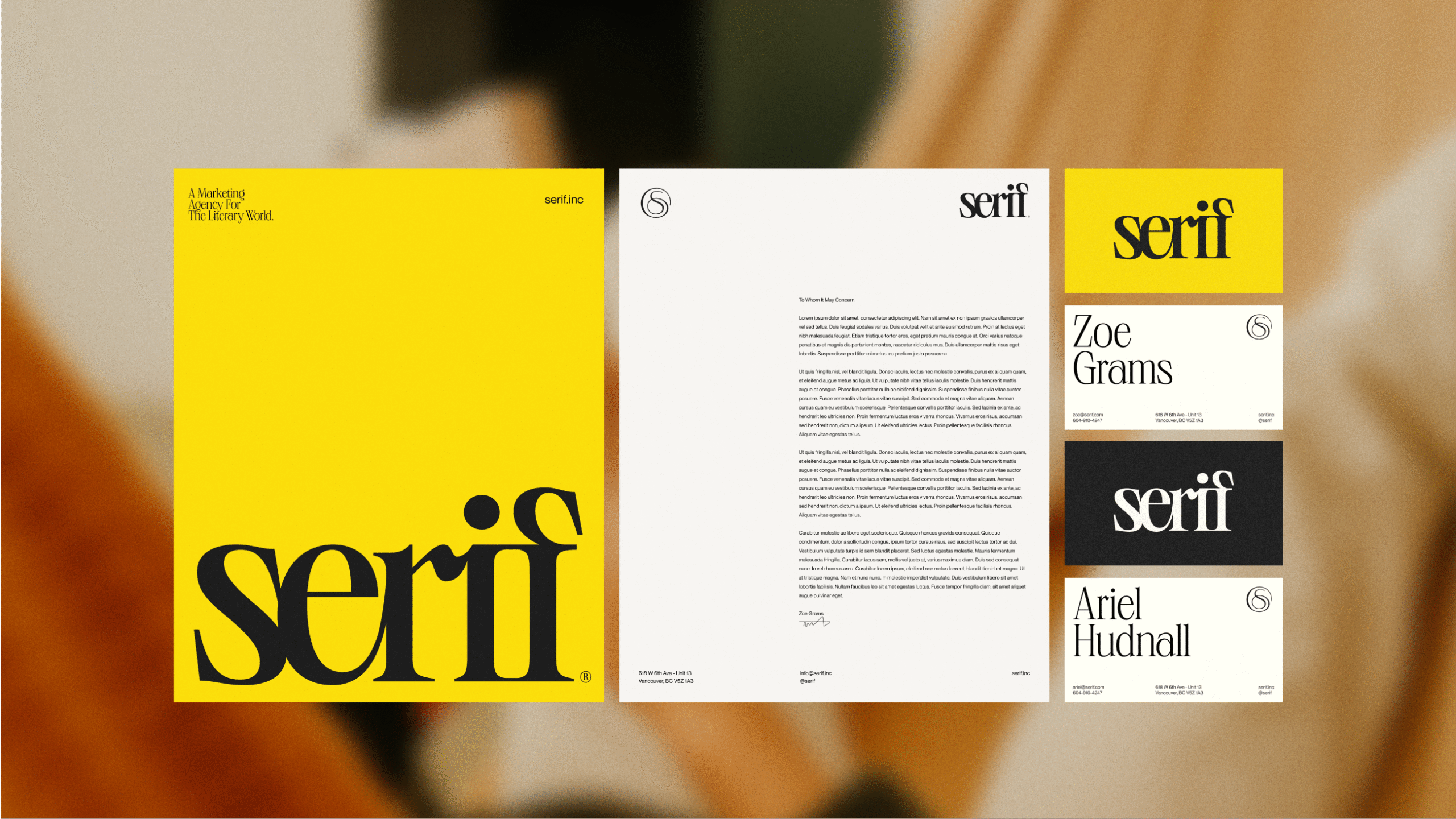 Brand identity for Serif, a literary marketing and publicity agency with a refined, editorial design system