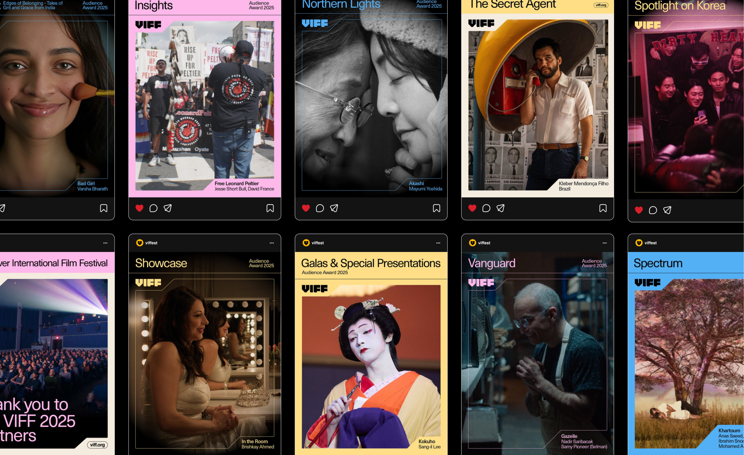 Grid layout of Instagram posts for VIFF 2025 showcasing film categories like Showcase, Vanguard, and Spectrum.