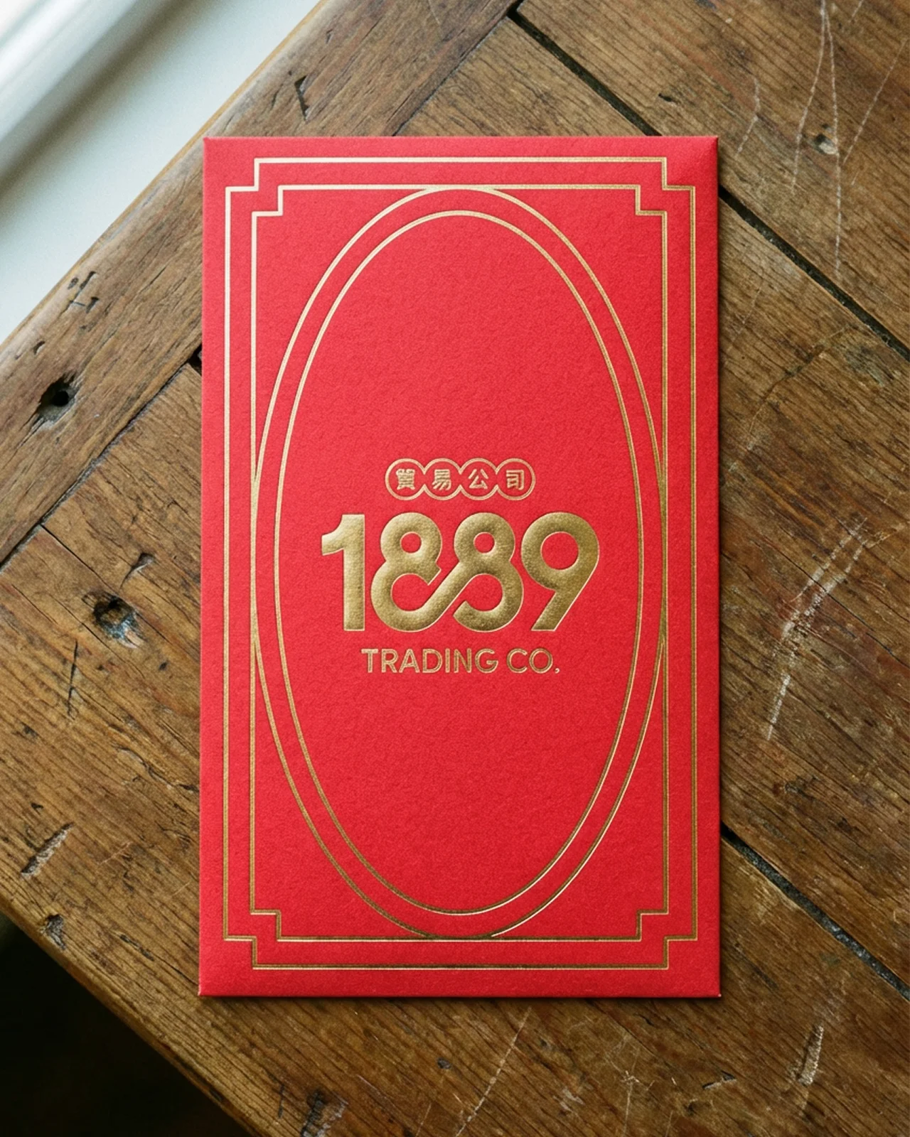 Premium red envelope with a gold-foiled 1889 Trading Co. logo resting on a rustic wooden surface.